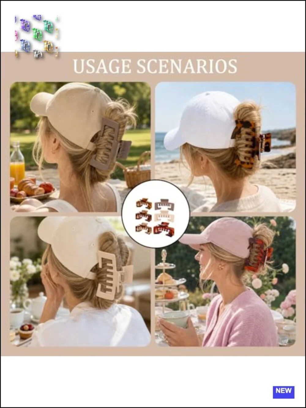 6PCS Large Hat Hair Claw Clips Set with Double-Tooth Hollow Design for Baseball